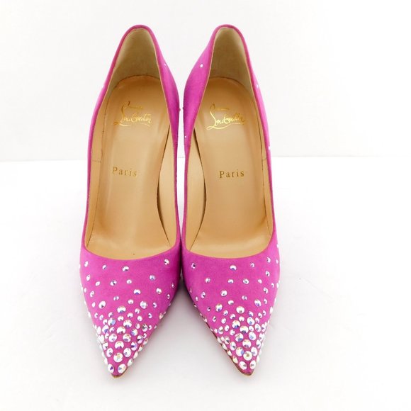 CHRISTIAN LOUBOUTIN Crystal Embellished Pink Suede Leather Stiletto Heels 37 - Picture 3 of 8